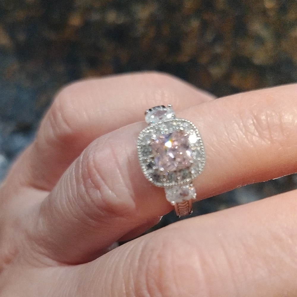 Pink and Silver 925 Ring with Pavé Setting Size 7